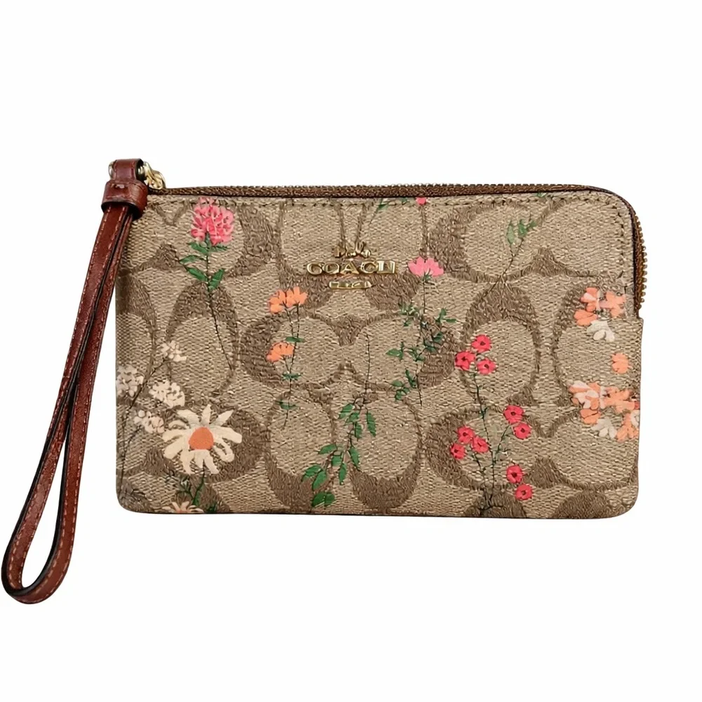 Coach Floral Print Wristlet in Brown and Pink
